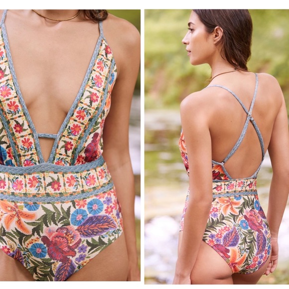 Farm Rio Anthropologie Floral Plunge One-Piece Swimsuit - Picture 1 of 10